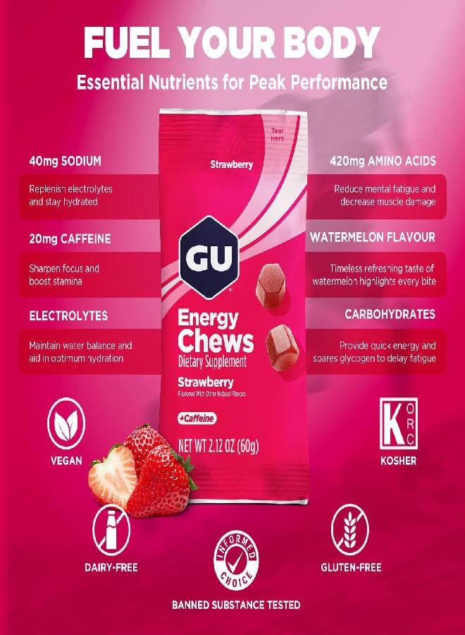 GU Energy Chews, Strawberry Energy Gummies with Electrolytes, Vegan, Gluten-Free, Kosher, 20 mg of Caffeine, and Dairy-Free On-the-Go Energy for Any Workout, 12 Bags (24 Servings Total) - Image 4